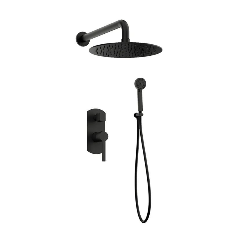 Orabella Ellegance Black matt - Showerset εντοιχισμου με Μπαταρία λουτρού, εντοιχισμού 2 σημείων, κεφαλή με βραχίονα και Τηλέφωνο ντουζ με σπιράλ και επιτοίχειο στήριγμα