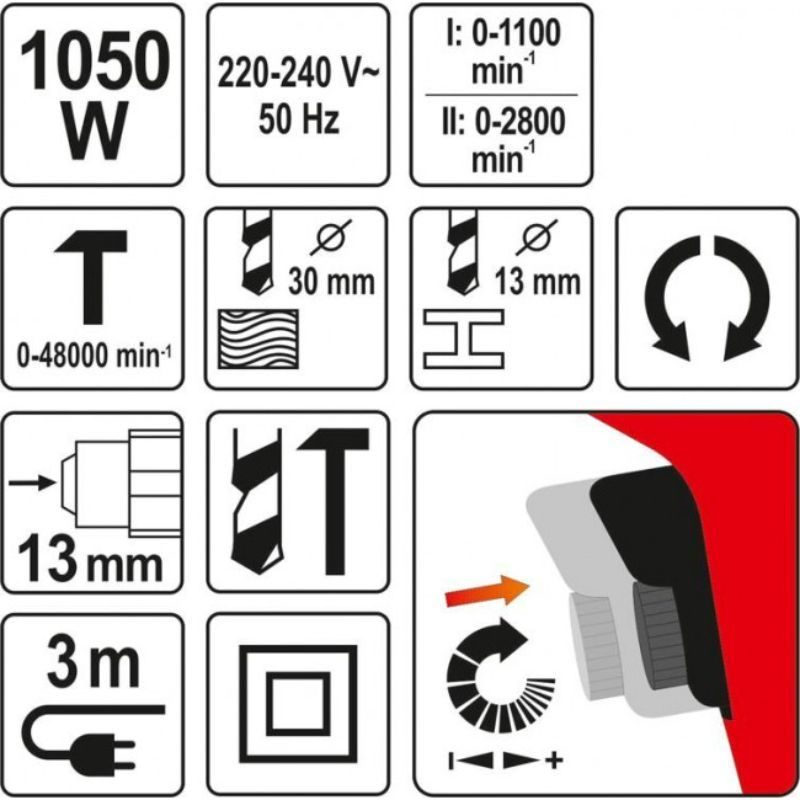 Κρουστικό Δράπανο 2 Ταχυτήτων 1050W YATO YT-82044 - Image 2