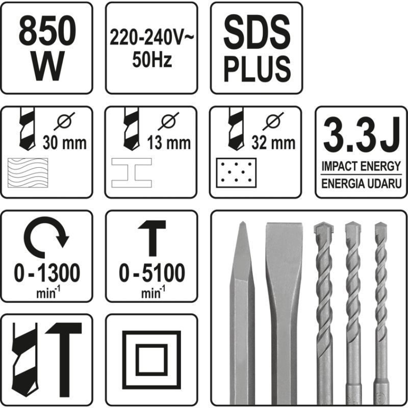 Κρουστικό Σκαπτικό Ρεύματος SDS Plus 850W YT-82122 - Image 3