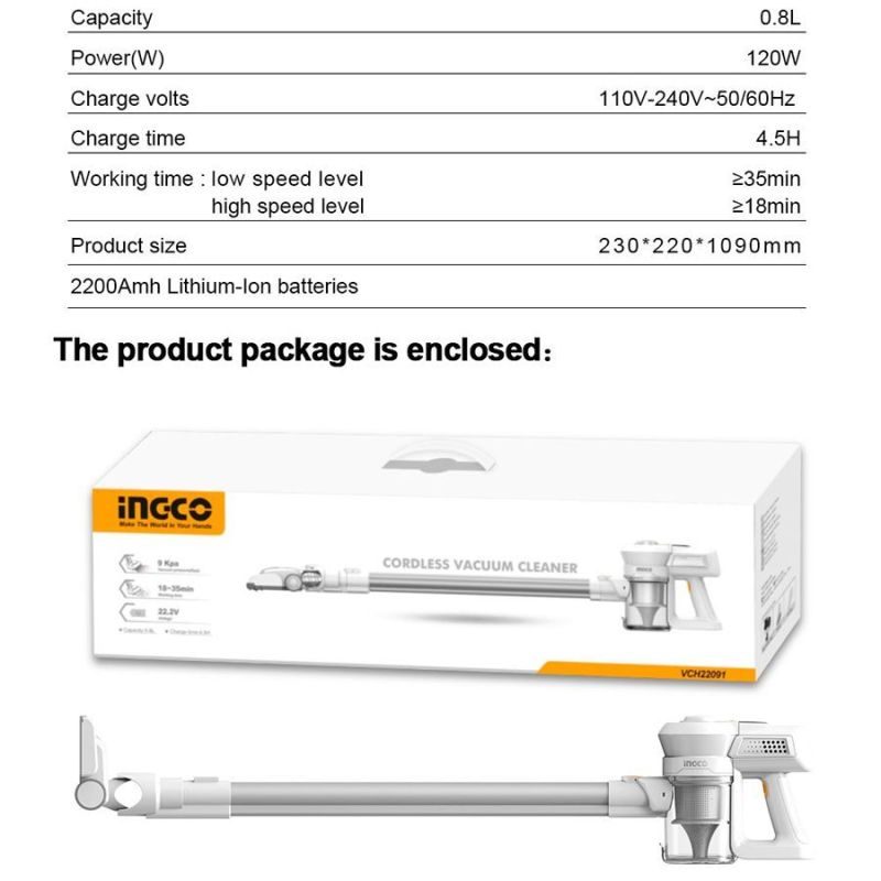 Σκουπάκι Cyclone Μπαταρίας Li-Ion 120W VCH22091 INGCO