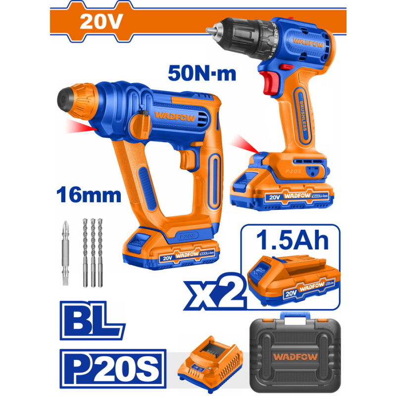 WADFOW ΣΕΤ ΔΡΑΠ/ΒΙΔΟ + ΠΝΕΥΜΑΤΙΚΟ ΠΙΣΤΟΛΕΤΟ ΜΠΑΤ. Li-ion 20V / 1.5Ah / 2 ΜΠΑΤ BL MOTOR (WOS240681)